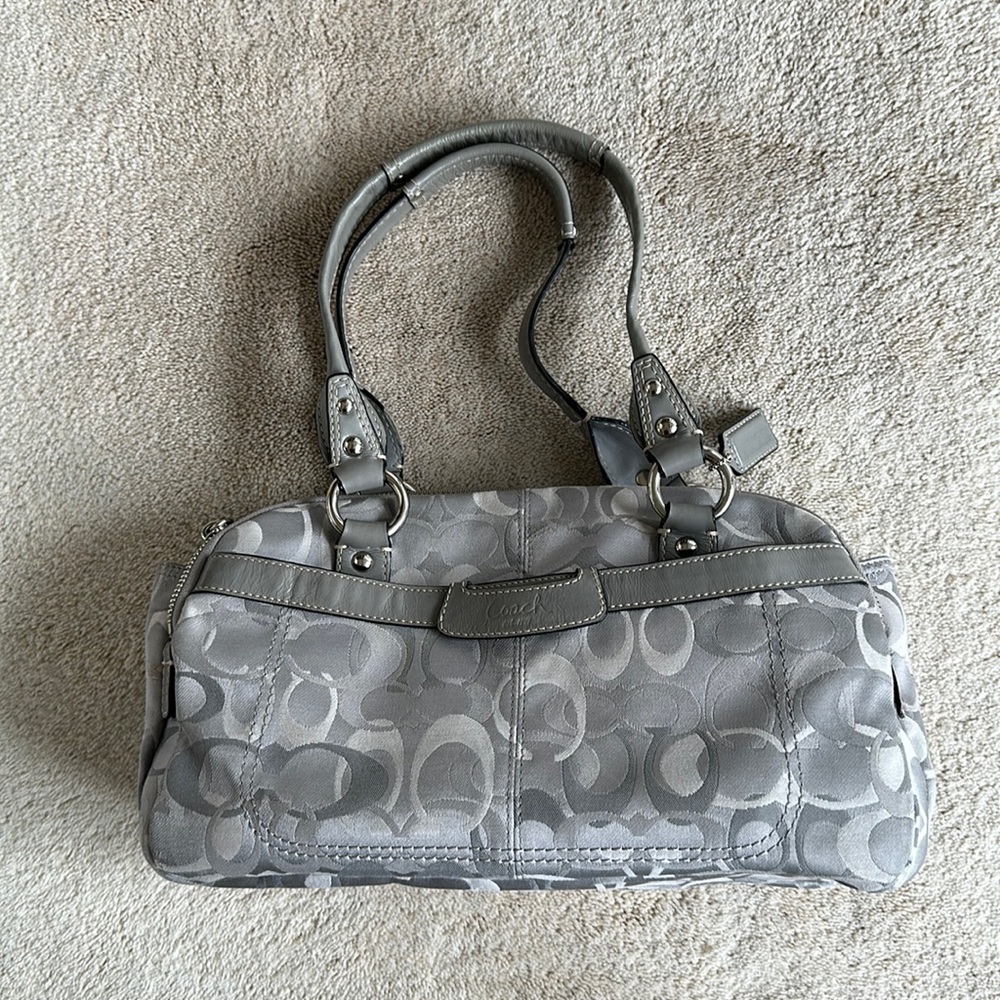 Coach authentic signature C gray/silver two handle handbag. Lavender interior.